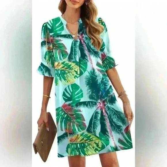 Women’s Vacation Summer Dress Short Ruffle Sleeve V-neck Tropical Print NWT SM - Picture 2 of 7